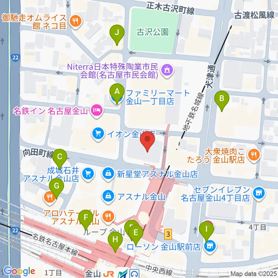 ヨモギヤ楽器 金山センター周辺のコンビニエンスストア一覧地図