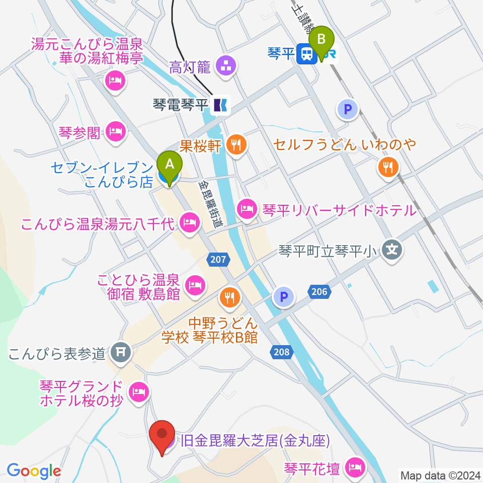 旧金毘羅大芝居劇場 金丸座周辺のコンビニエンスストア一覧地図