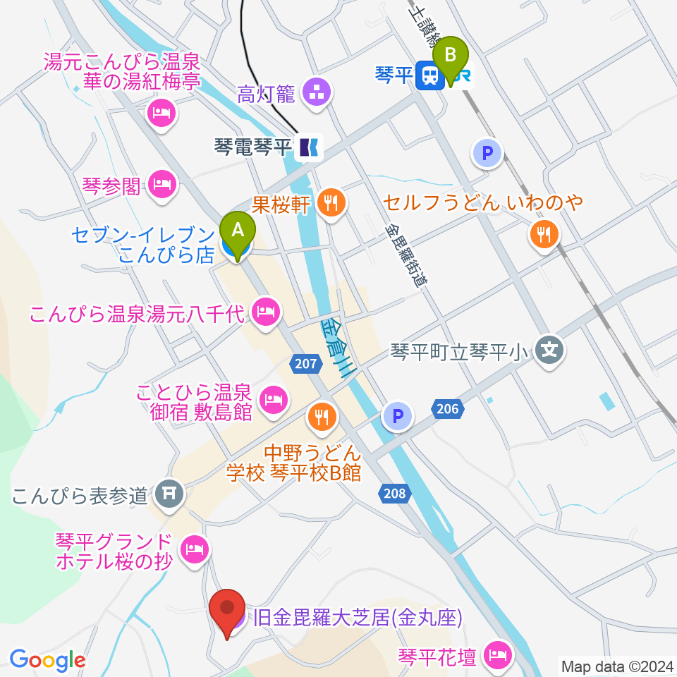 旧金毘羅大芝居劇場 金丸座周辺のコンビニエンスストア一覧地図