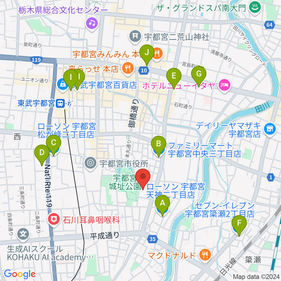 宇都宮ビッグアップル周辺のコンビニエンスストア一覧地図