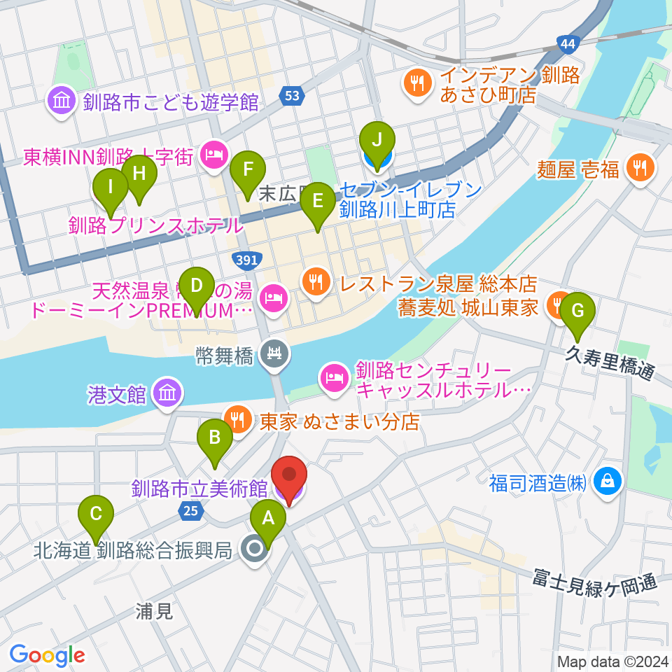 釧路市生涯学習センター まなぼっと幣舞周辺のコンビニエンスストア一覧地図