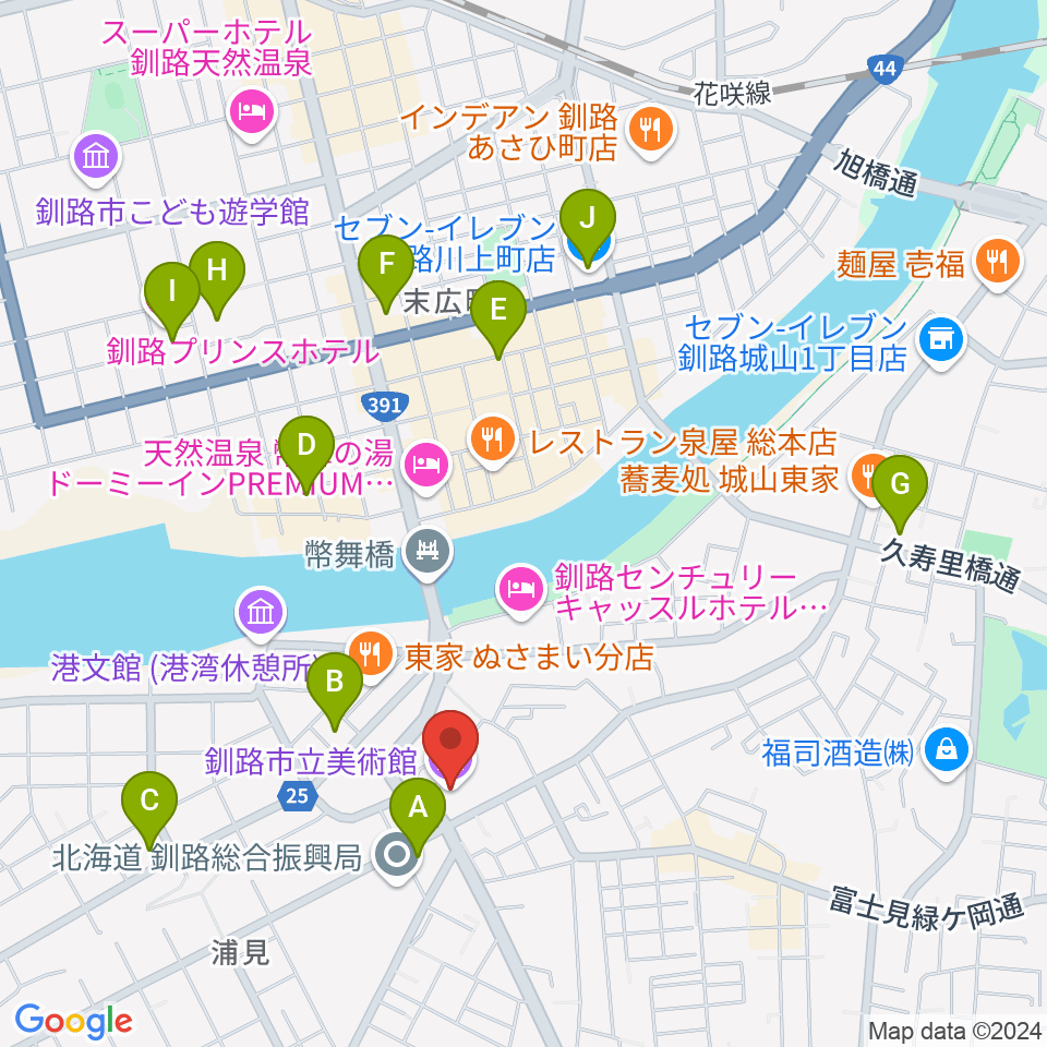 釧路市生涯学習センター まなぼっと幣舞周辺のコンビニエンスストア一覧地図