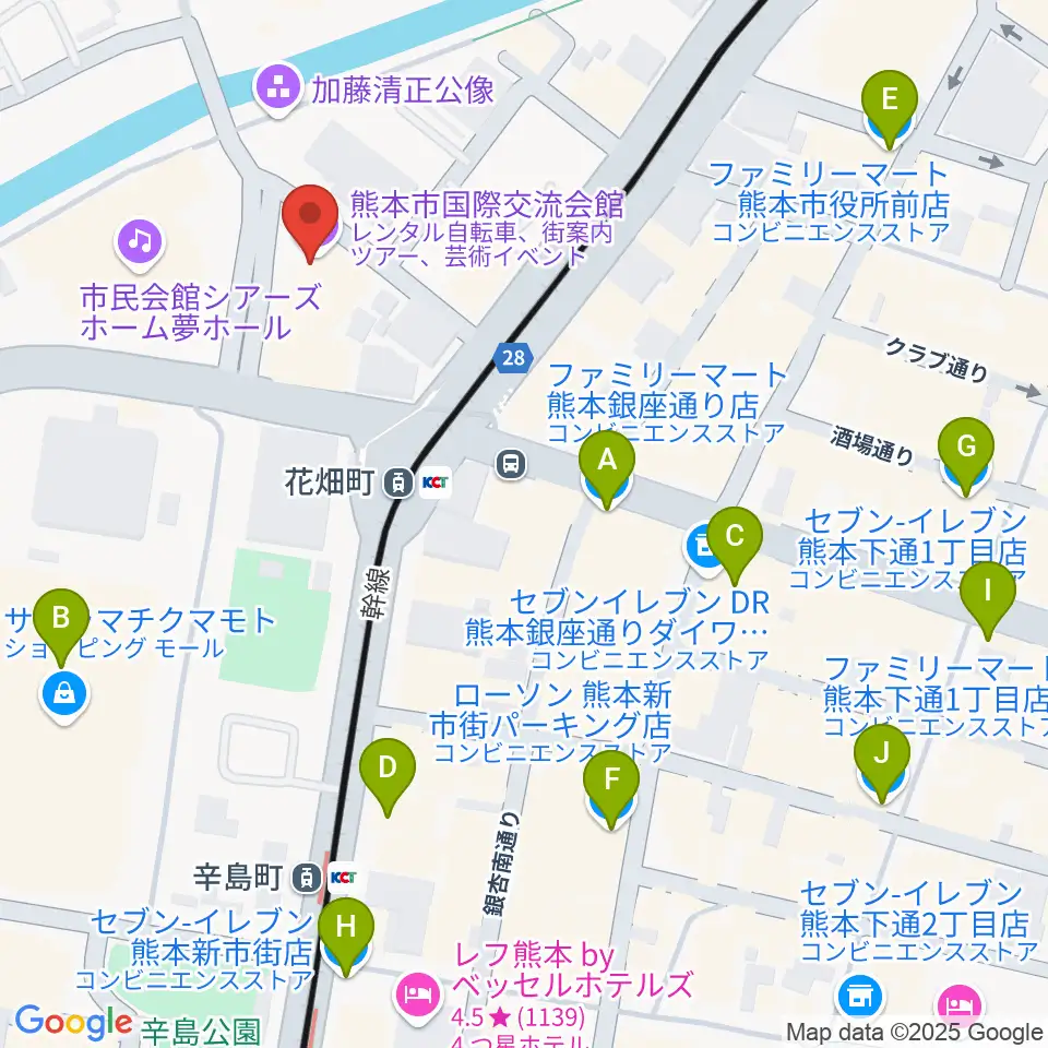 熊本市国際交流会館周辺のコンビニエンスストア一覧地図