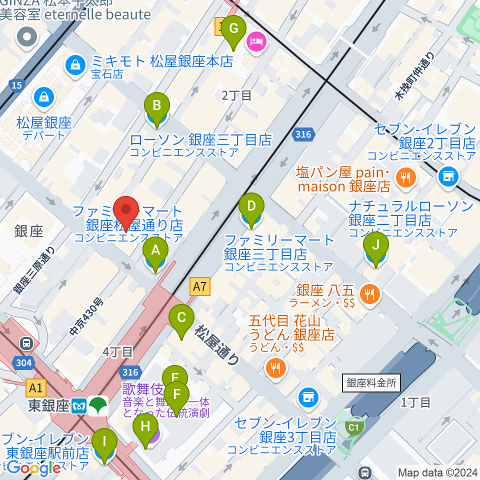 銀座フェニックスプラザ周辺のコンビニエンスストア一覧地図