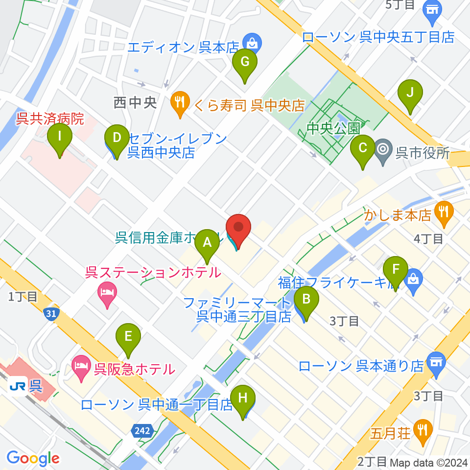 呉信用金庫ホール（呉市文化ホール）周辺のコンビニエンスストア一覧地図