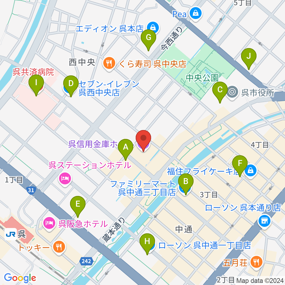 呉信用金庫ホール周辺のコンビニエンスストア一覧地図