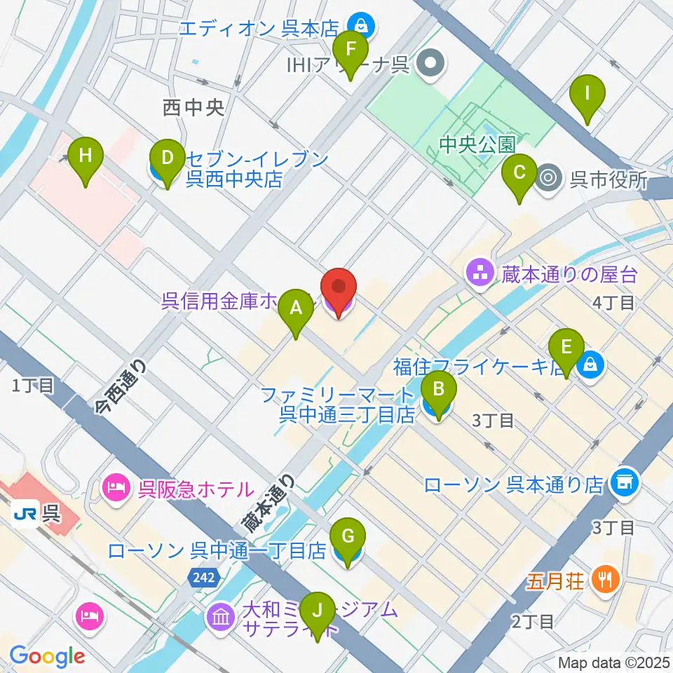 呉信用金庫ホール周辺のコンビニエンスストア一覧地図