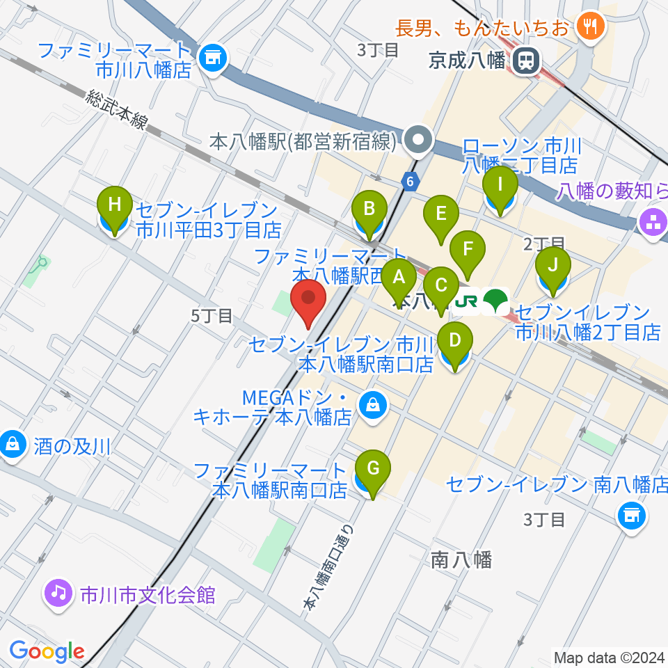 カノン音楽教室 本八幡校周辺のコンビニエンスストア一覧地図