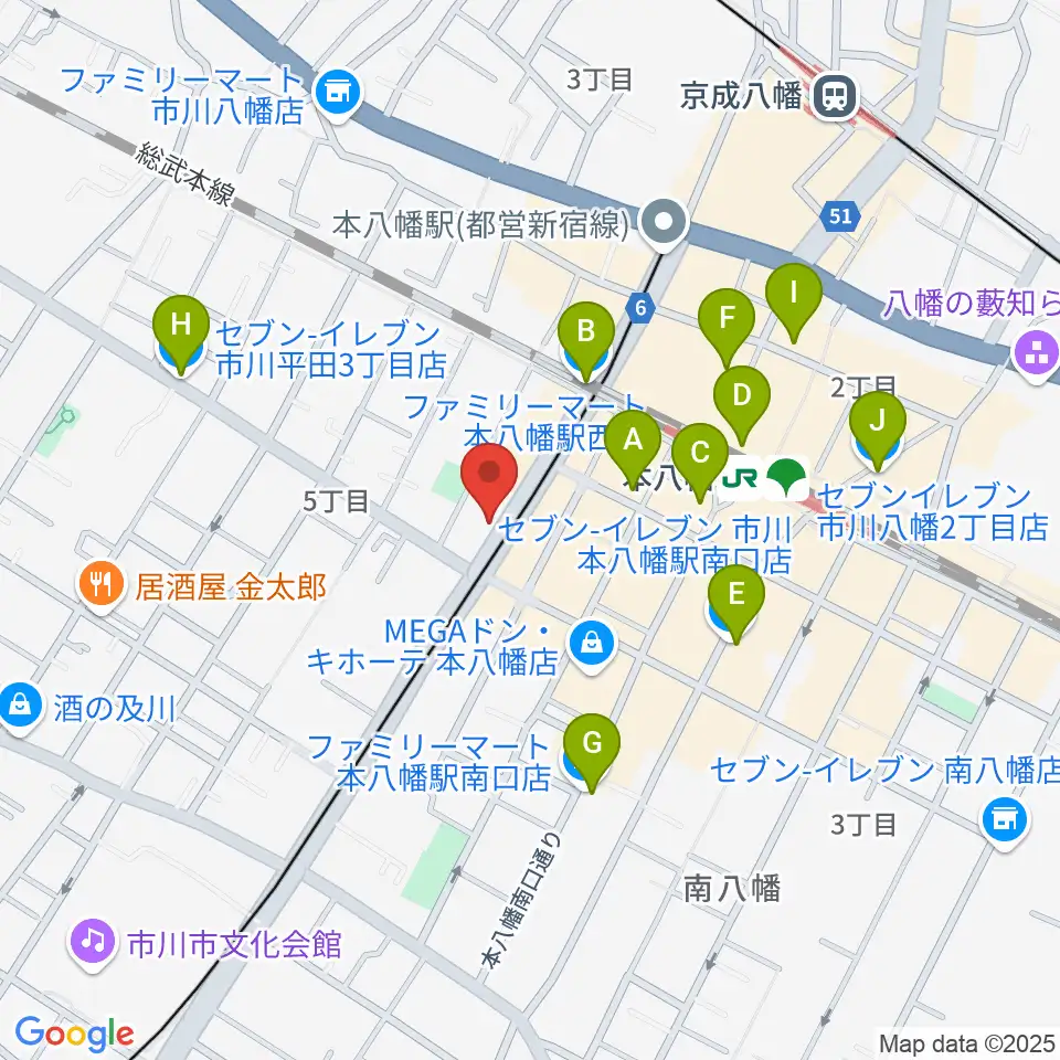カノン音楽教室 本八幡校周辺のコンビニエンスストア一覧地図