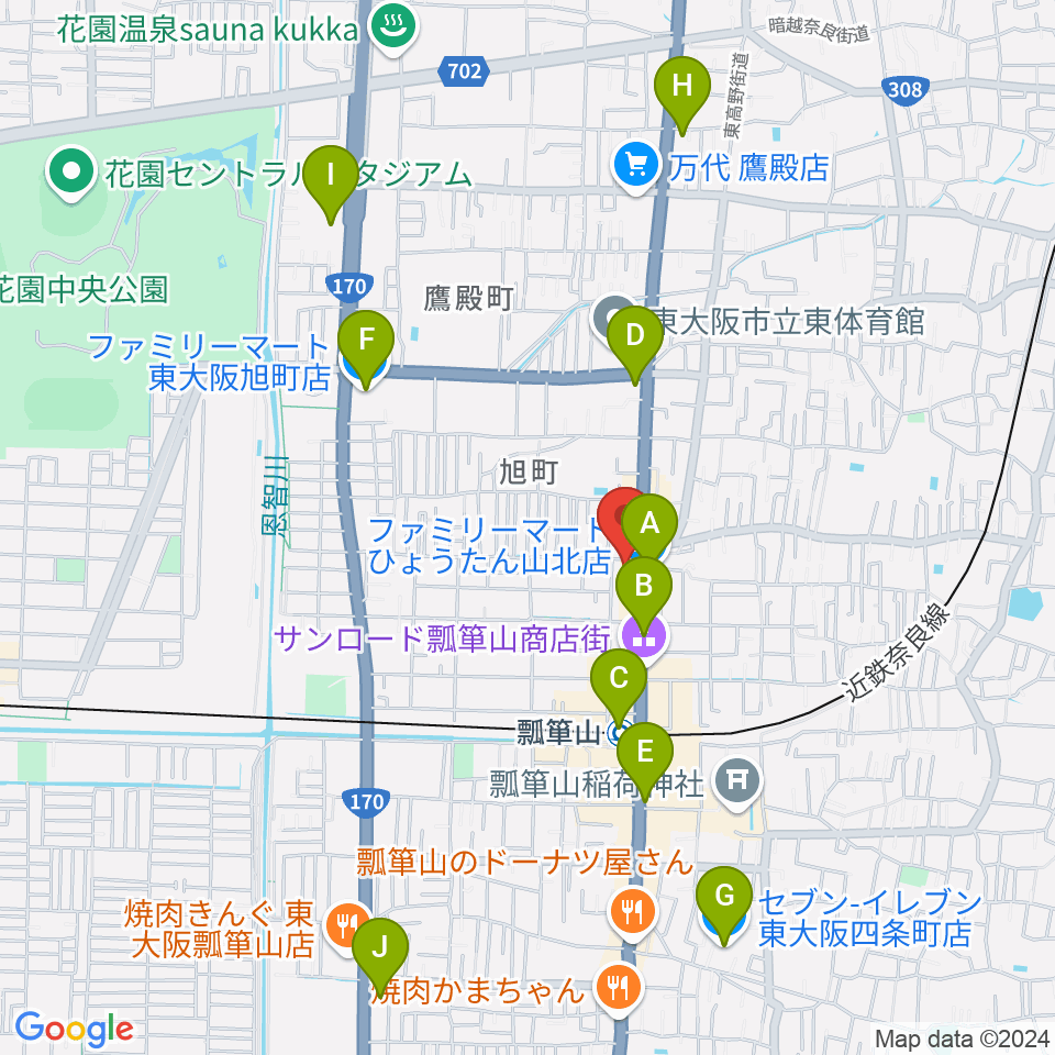 小阪楽器店 瓢箪山センター周辺のコンビニエンスストア一覧地図