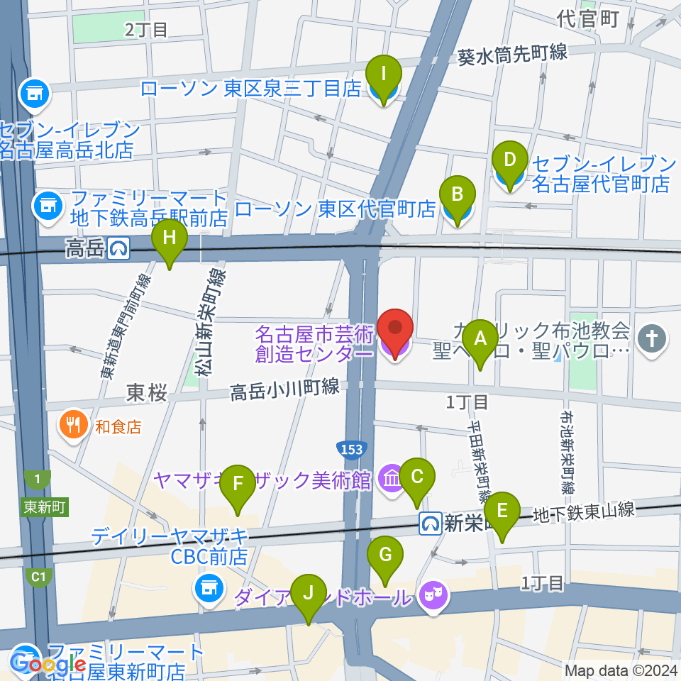 アマノ芸術創造センター名古屋周辺のコンビニエンスストア一覧地図