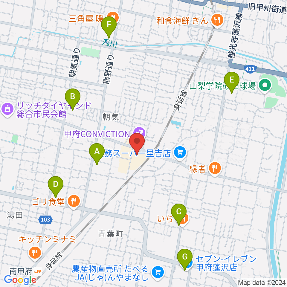 内藤楽器 甲府東センター周辺のコンビニエンスストア一覧地図