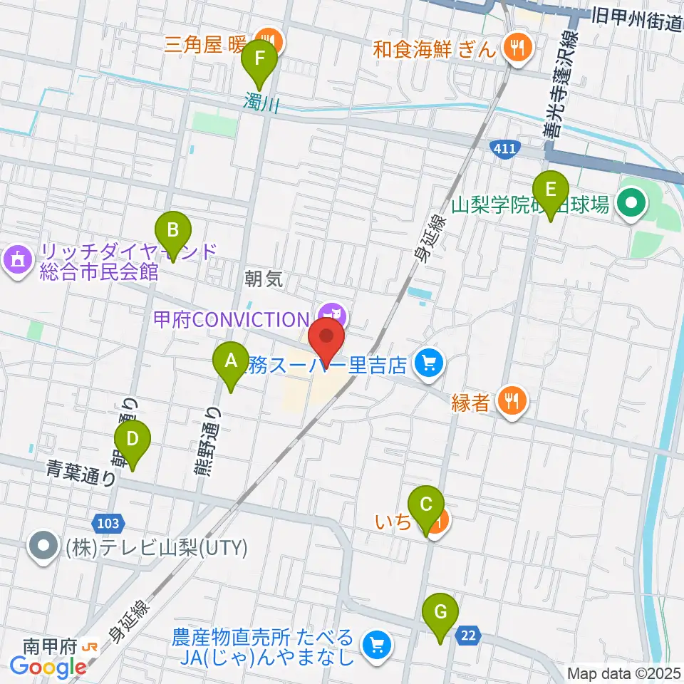 内藤楽器 甲府東センター周辺のコンビニエンスストア一覧地図