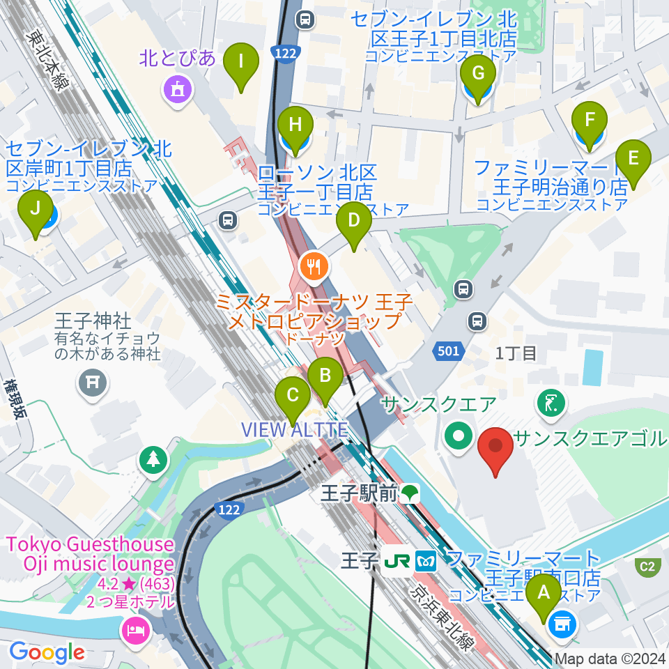 エークラスミュージック 王子センター周辺のコンビニエンスストア一覧地図