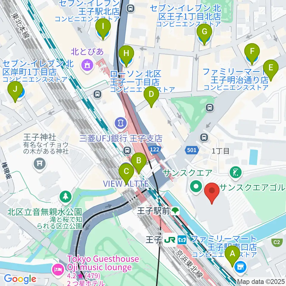 エークラスミュージック 王子センター周辺のコンビニエンスストア一覧地図
