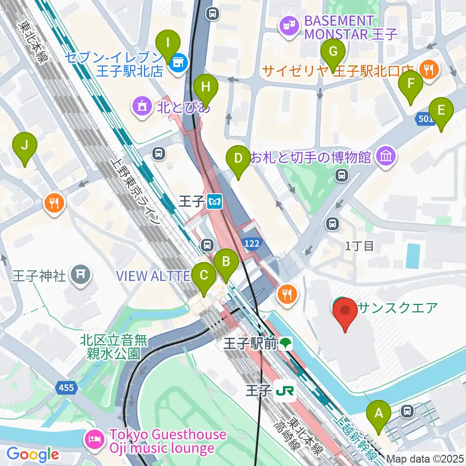 エークラスミュージック 王子センター周辺のコンビニエンスストア一覧地図