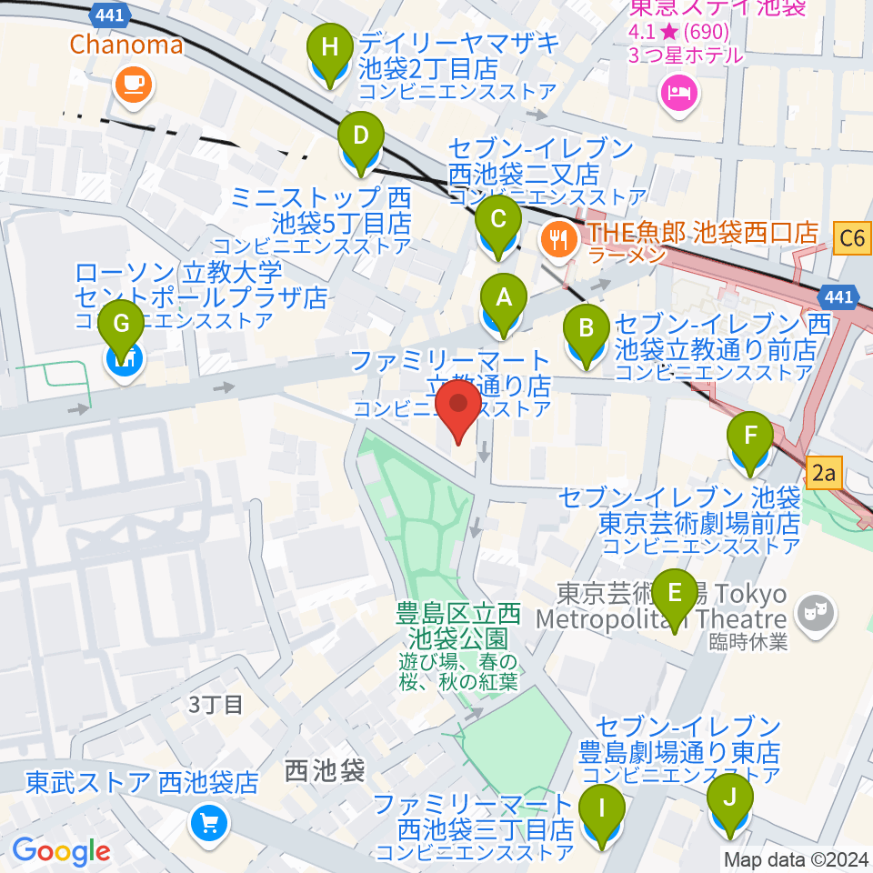 池袋西口GEKIBA周辺のコンビニエンスストア一覧地図