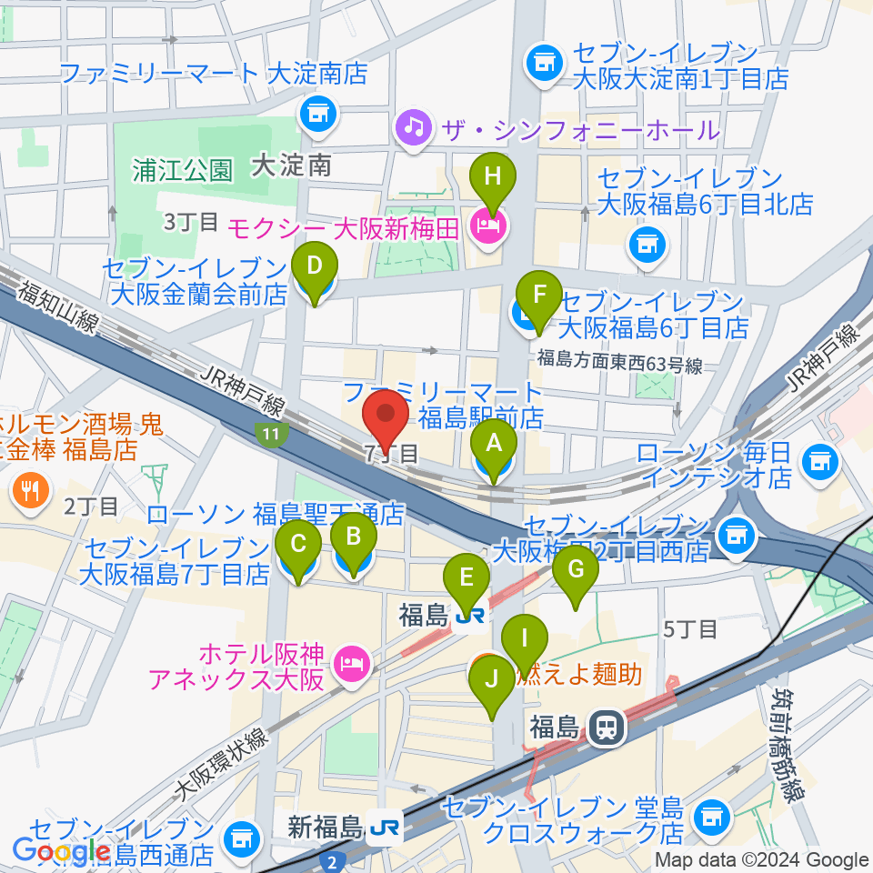 大阪福島セカンドライン周辺のコンビニエンスストア一覧地図