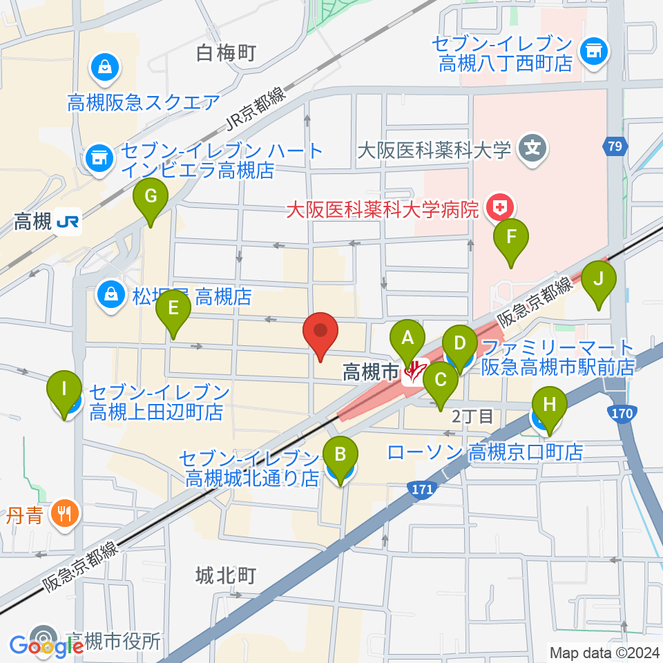 アズイズミュージック高槻店周辺のコンビニエンスストア一覧地図