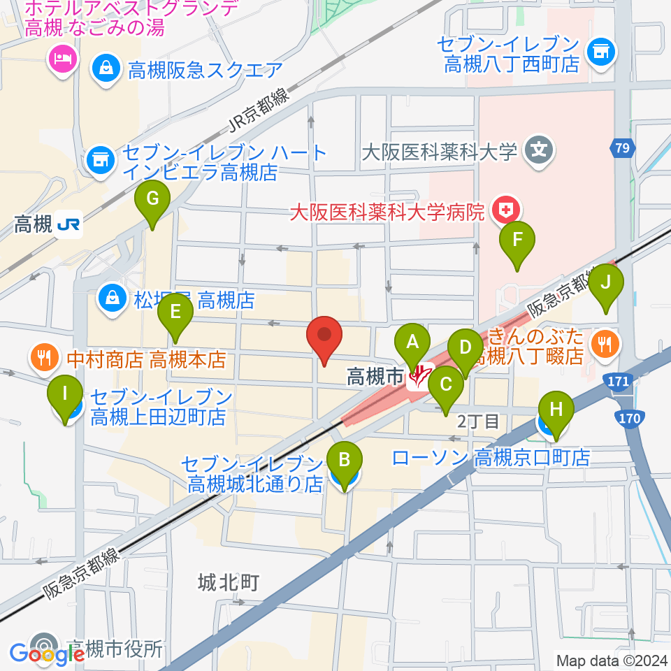 アズイズミュージック高槻店周辺のコンビニエンスストア一覧地図