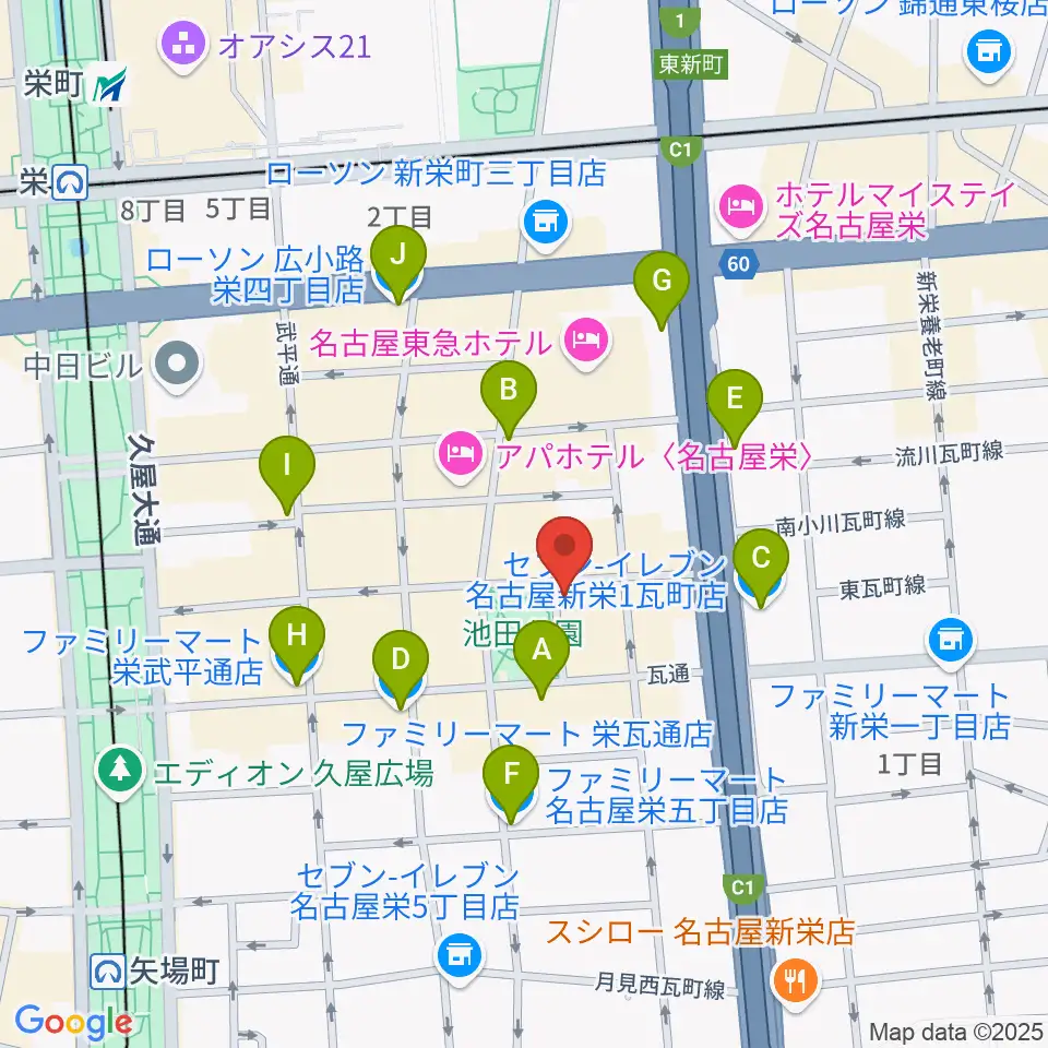 名古屋レッドドラゴン周辺のコンビニエンスストア一覧地図