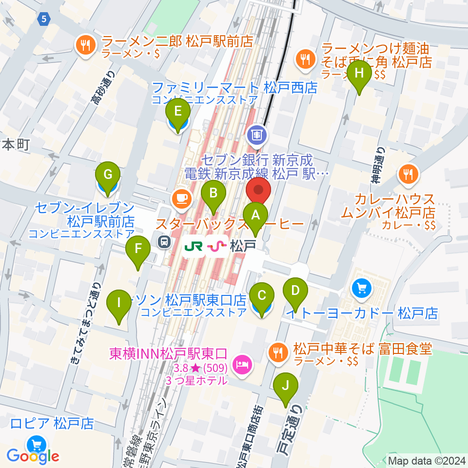 伊藤楽器 松戸店周辺のコンビニエンスストア一覧地図