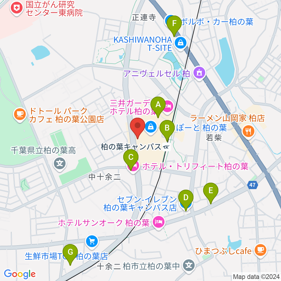 伊藤楽器ららぽーと柏の葉センター周辺のコンビニエンスストア一覧地図