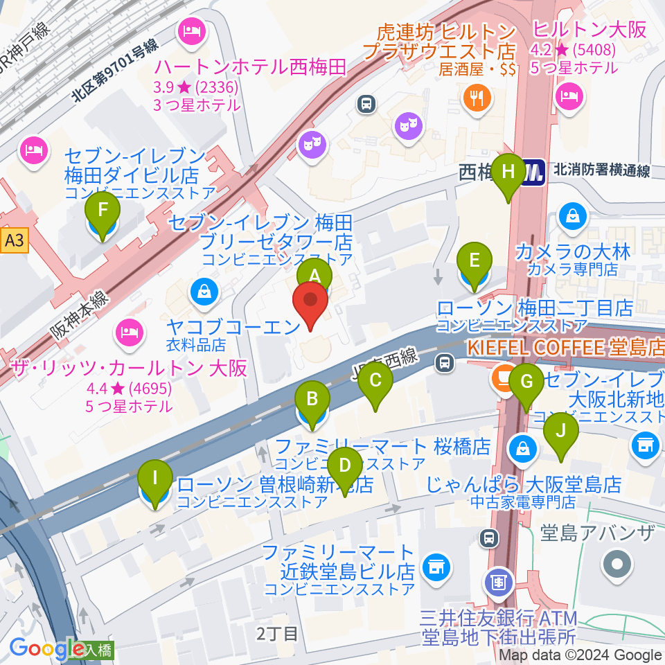 MIKIミュージックサロン西梅田ブリーゼブリーゼ周辺のコンビニエンスストア一覧地図