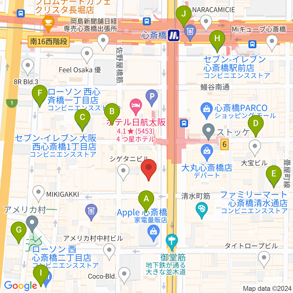 MIKIミュージックサロン心斎橋周辺のコンビニエンスストア一覧地図