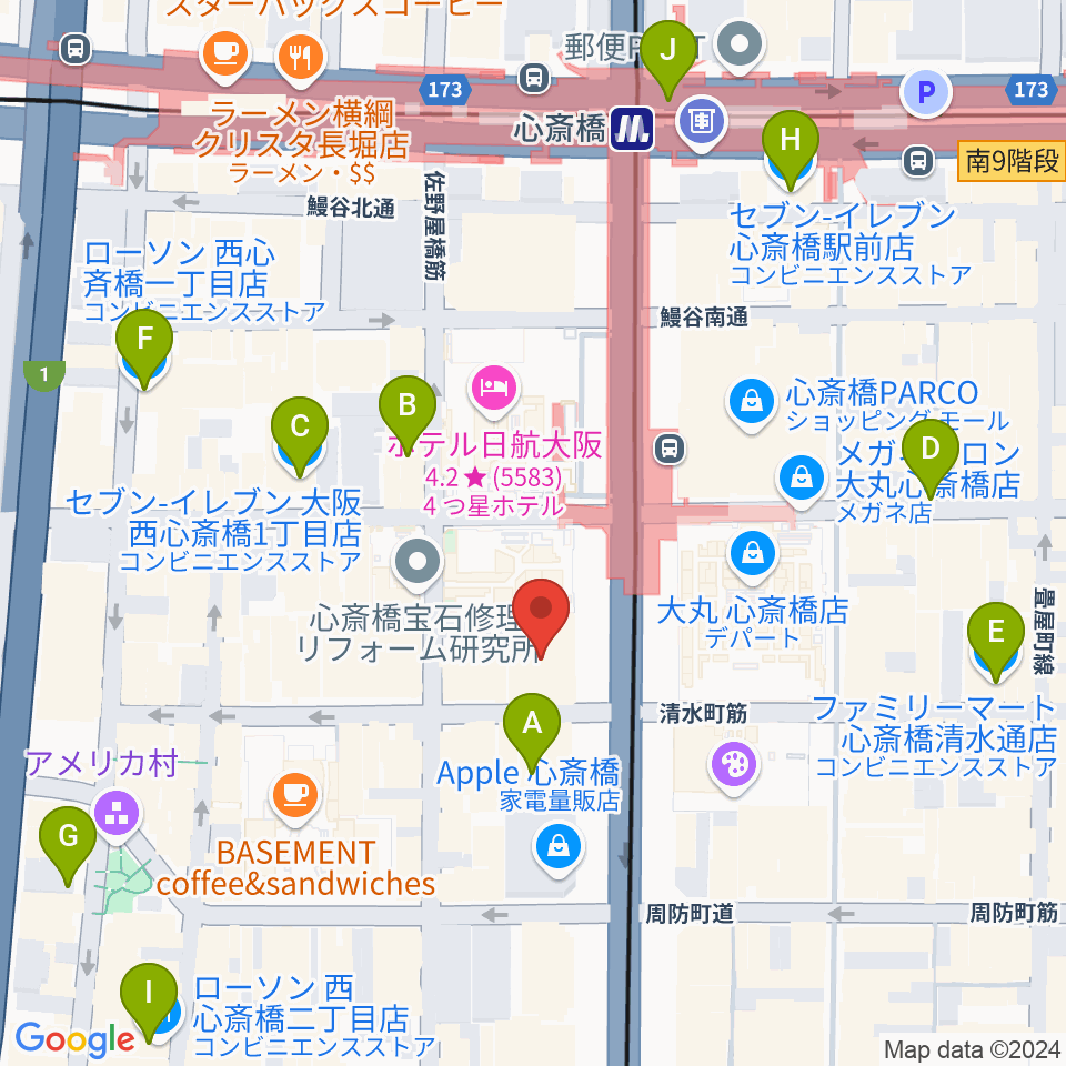 MIKIミュージックサロン心斎橋周辺のコンビニエンスストア一覧地図