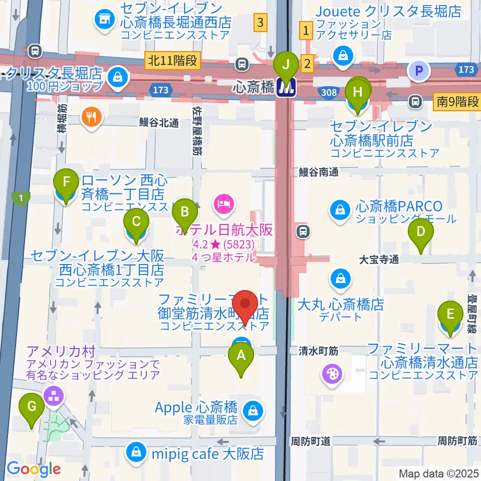 MIKIミュージックサロン心斎橋周辺のコンビニエンスストア一覧地図