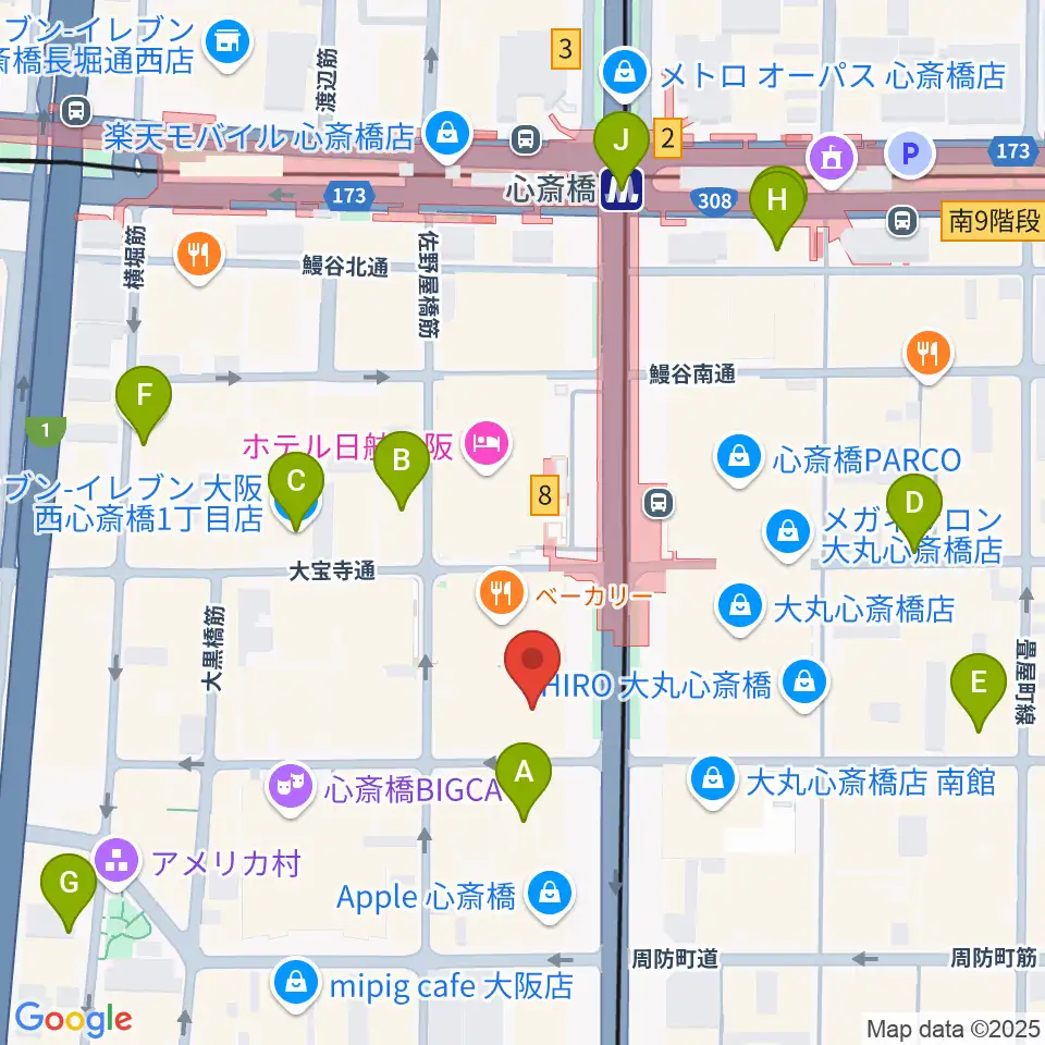 MIKIミュージックサロン心斎橋周辺のコンビニエンスストア一覧地図