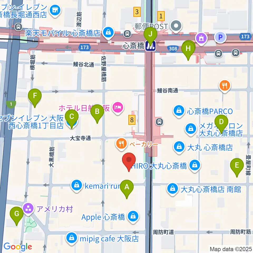 MIKIミュージックサロン心斎橋周辺のコンビニエンスストア一覧地図