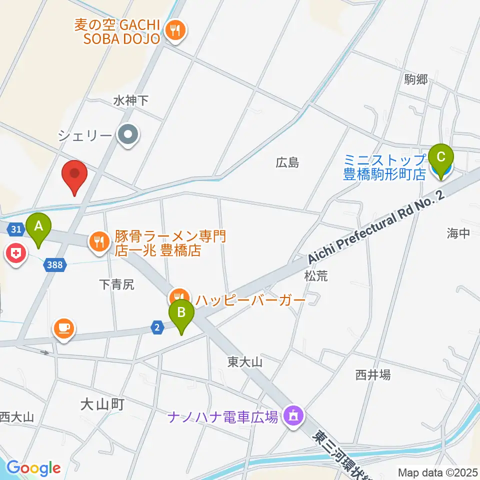 オリエント楽器 ミューズフォレスト豊橋南周辺のコンビニエンスストア一覧地図