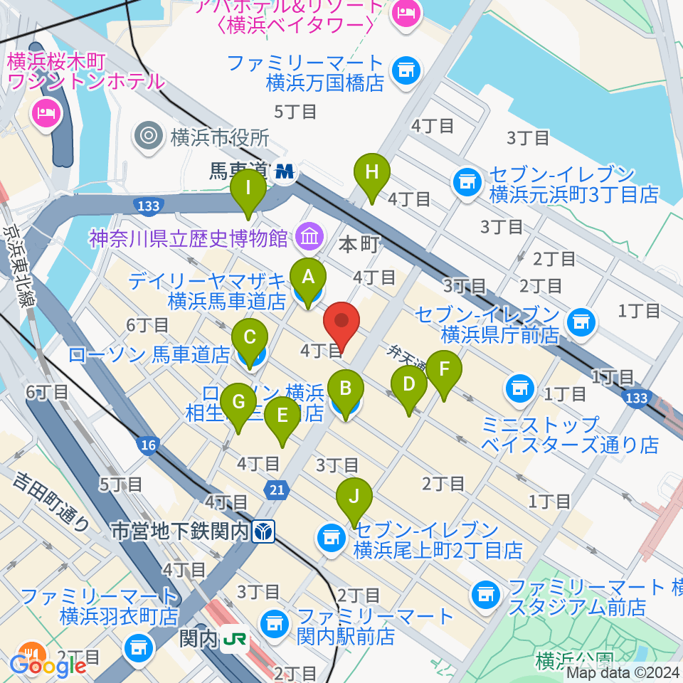 馬車道ピアノサロン周辺のコンビニエンスストア一覧地図