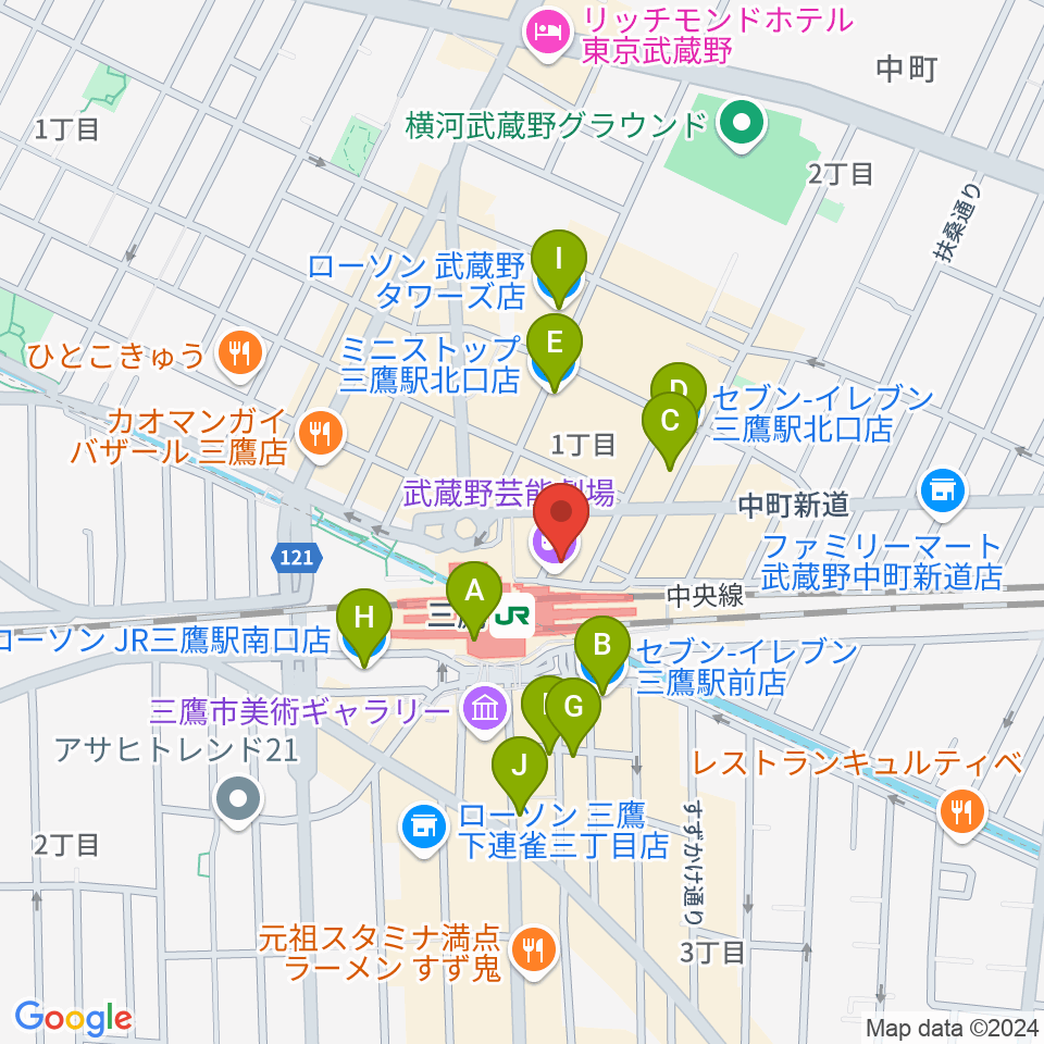 武蔵野芸能劇場周辺のコンビニエンスストア一覧地図