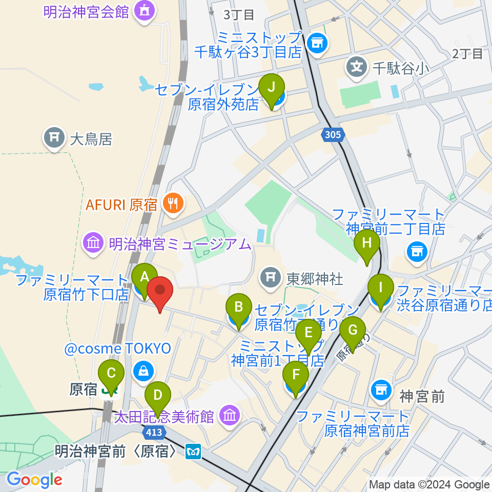 ボーカルスクール VOAT原宿校周辺のコンビニエンスストア一覧地図