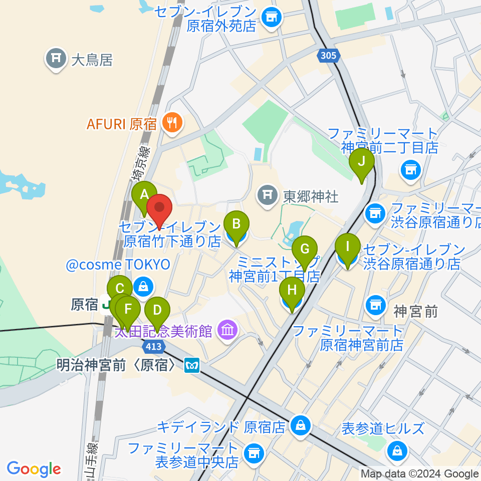 ボーカルスクール VOAT原宿校周辺のコンビニエンスストア一覧地図