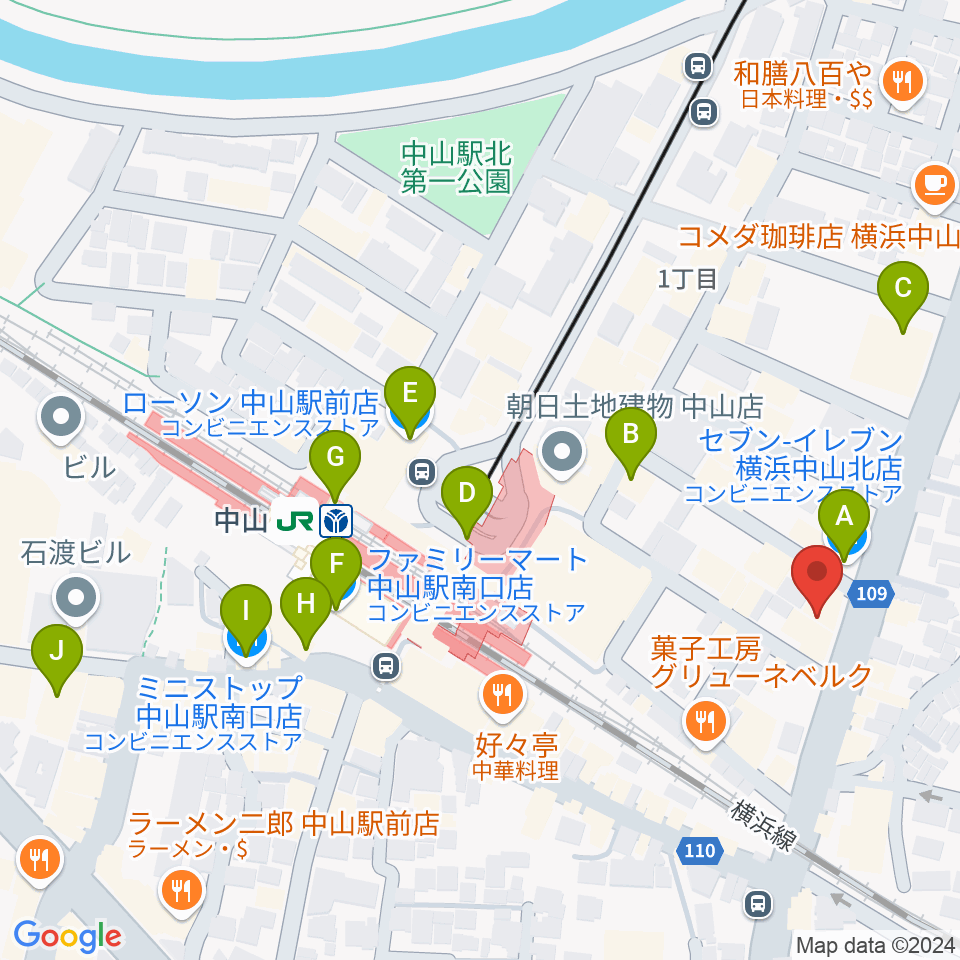 山響楽器店 中山店周辺のコンビニエンスストア一覧地図