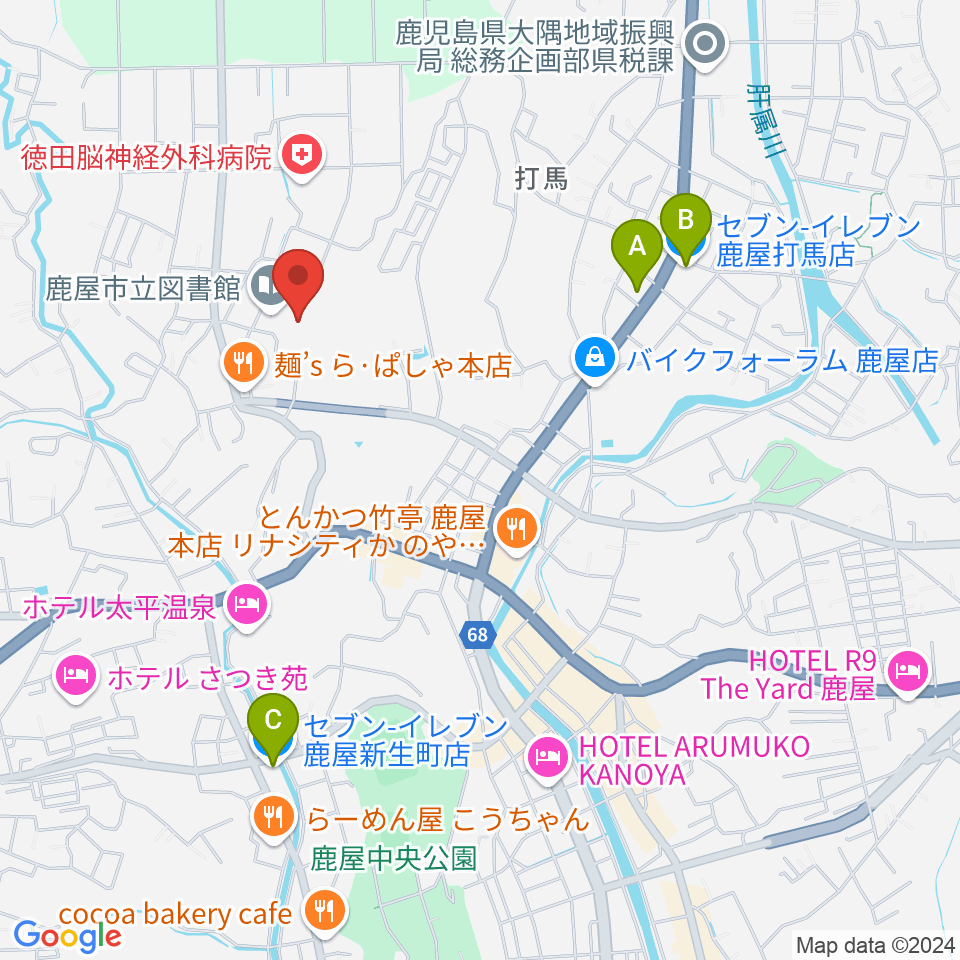 鹿屋市文化会館周辺のコンビニエンスストア一覧地図