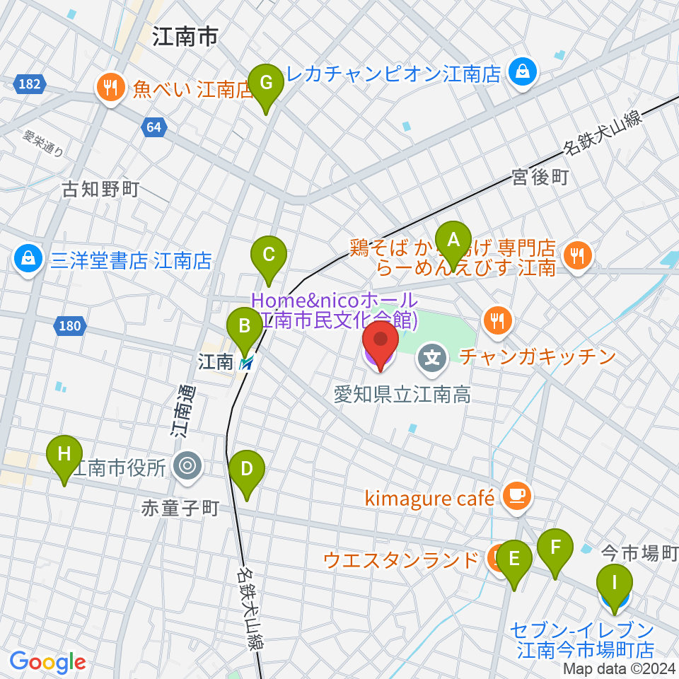 Home&nicoホール 江南市民文化会館周辺のコンビニエンスストア一覧地図