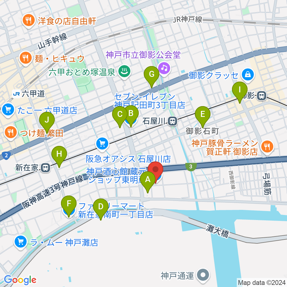 酒心館ホール周辺のコンビニエンスストア一覧地図