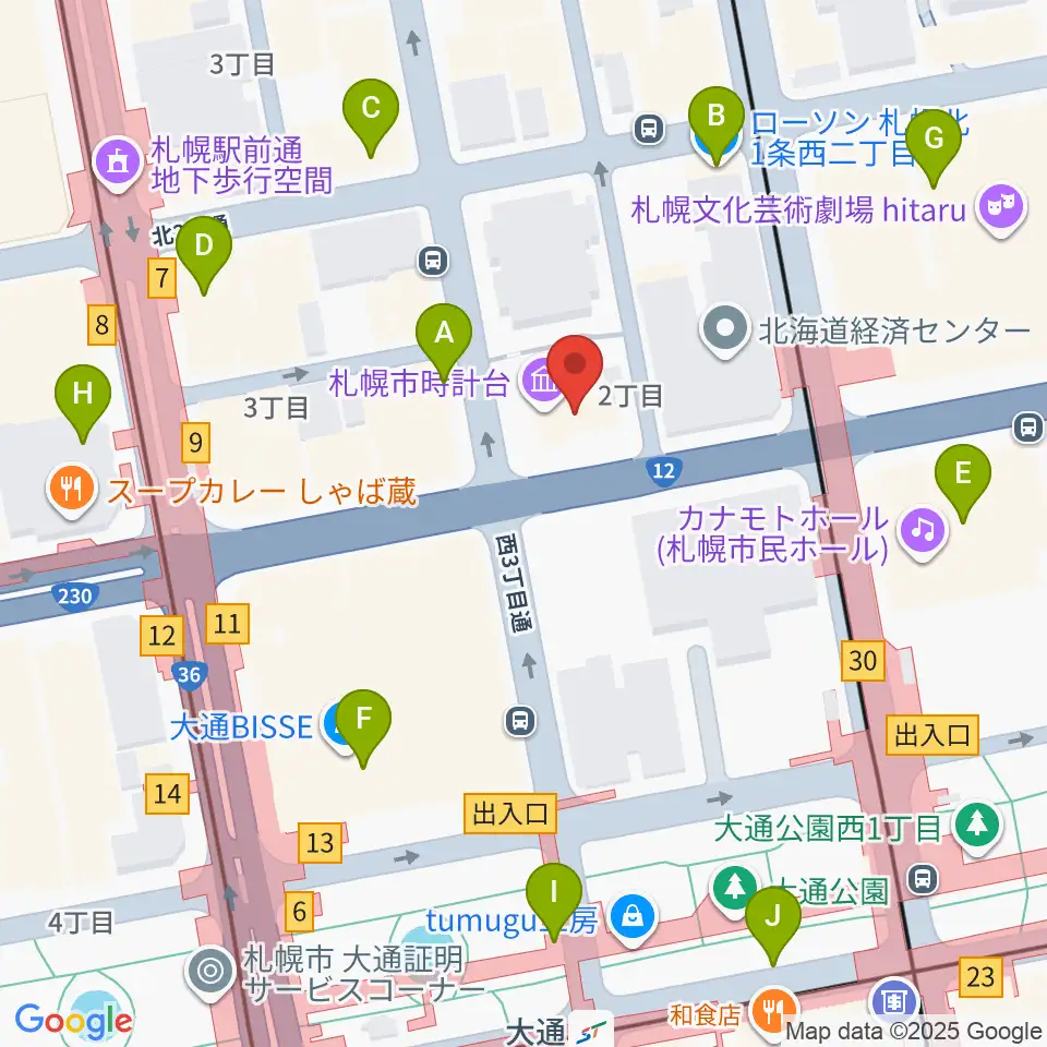 時計台ホール周辺のコンビニエンスストア一覧地図