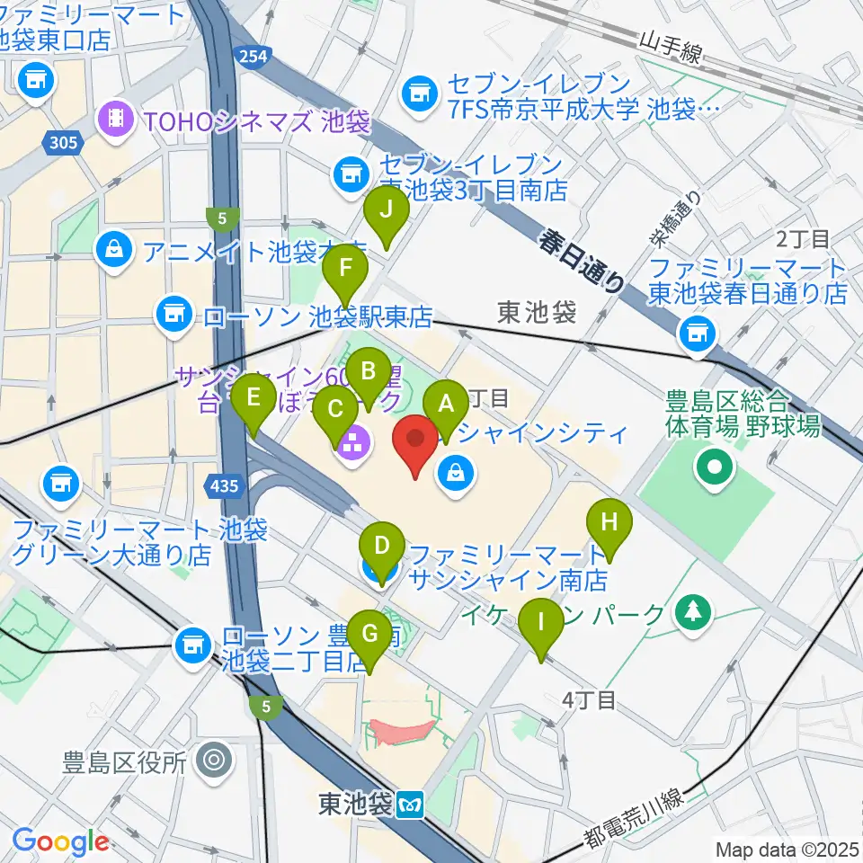 サンシャインシティ噴水広場周辺のコンビニエンスストア一覧地図