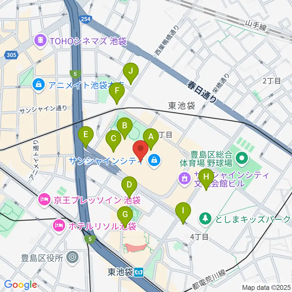 サンシャインシティ噴水広場周辺のコンビニエンスストア一覧地図