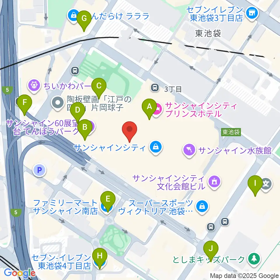 サンシャインシティ噴水広場周辺のコンビニエンスストア一覧地図