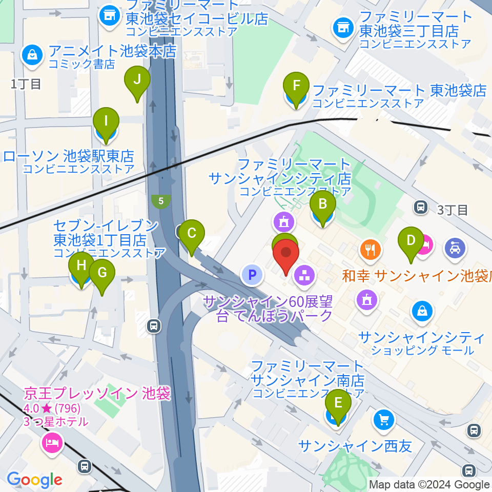 サンシャインシティ 展示ホール周辺のコンビニエンスストア一覧地図