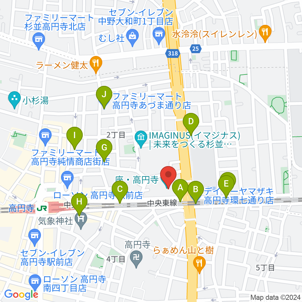 座・高円寺周辺のコンビニエンスストア一覧地図