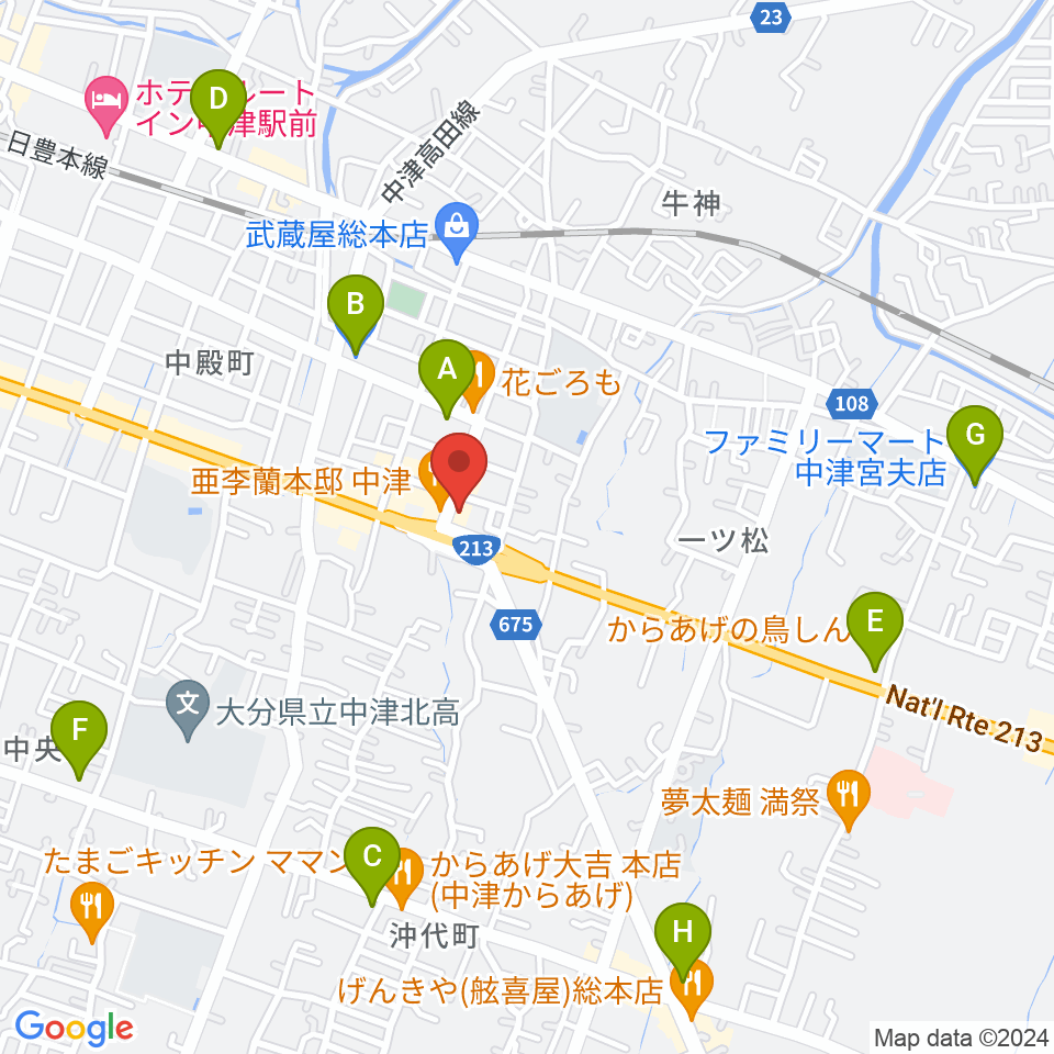 ミュージックストアナガト中津店周辺のコンビニエンスストア一覧地図