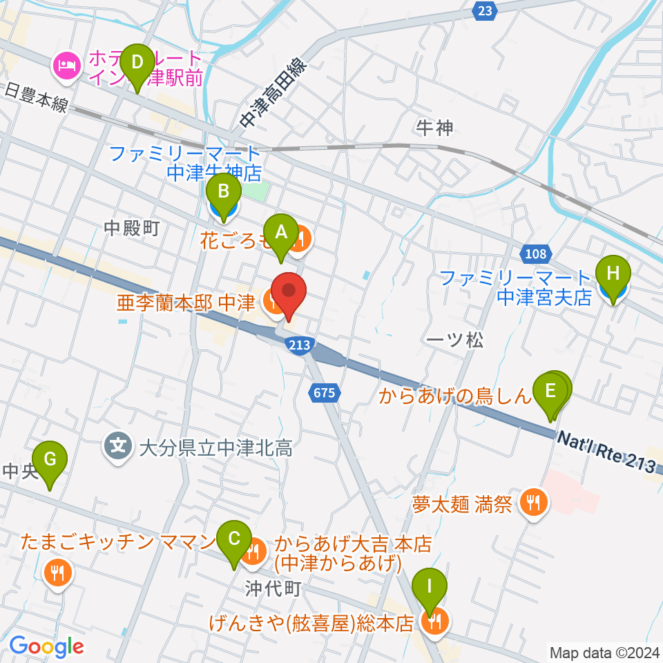 ミュージックストアナガト中津店周辺のコンビニエンスストア一覧地図